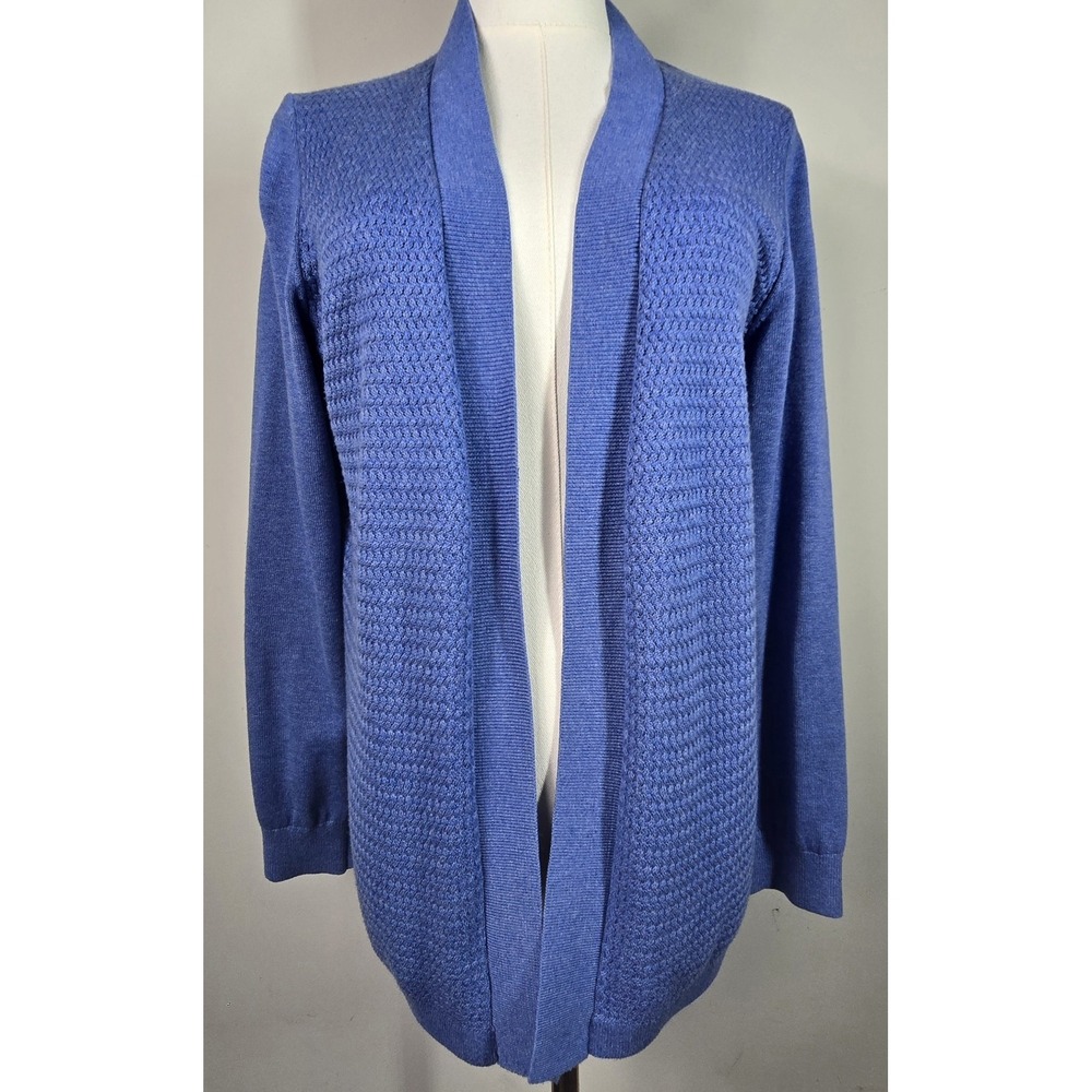 LL Bean Womens Open Cardigan 100% Supima Cotton Basket Weave Textured Blue MP